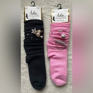 Black & Pink Jeweled Slouch Socks with Removable  Rhinestone & Pearl Pins